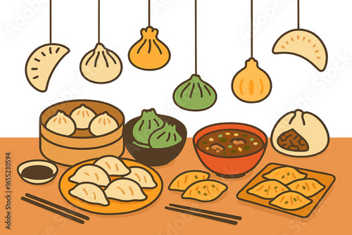 A food market stall decorated with traditional red Chinese lanterns displays a variety of skewered foods, with plates of meats, vegetables, and fruits organized in a neat and appealing manner