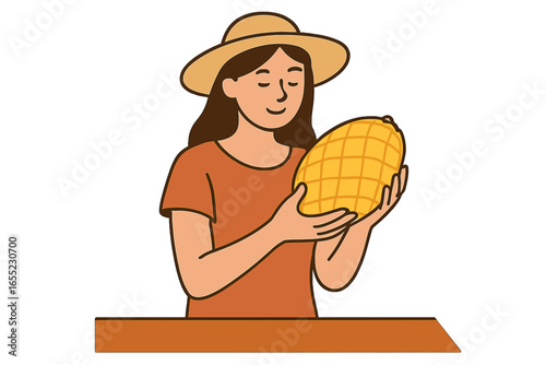 An Asian female farmer is holding a tropical durian fruit in a field during the agricultural harvest season