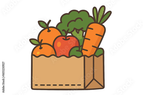 Flat vector illustration of a grocery shopping bag containing wasabi root, takenoko bamboo shoots, kabocha pumpkin, and shiitake mushrooms, packaged in paper with exotic Asian vegetables