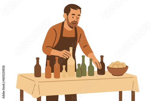 Flat vector illustration depicting an Asian bazaar scene with vendors selling various items including souvenirs, pottery, spices, jewelry, fruits, and vegetables