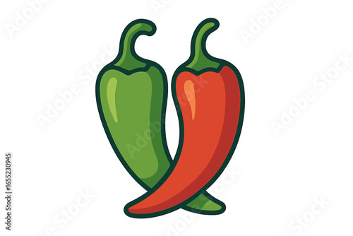 A simple and colorful illustration depicts two crossed chili peppers, one red and one green, set against a white background, symbolizing heat and spice