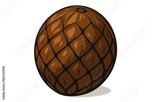 A brown fruit having spiky features and textured scales, with a rounded tip, is set against a white backdrop