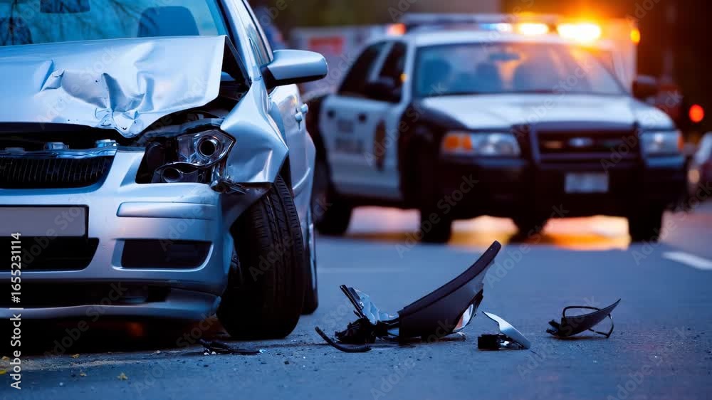 A car accident scene at night. Emergency services, police, and ...