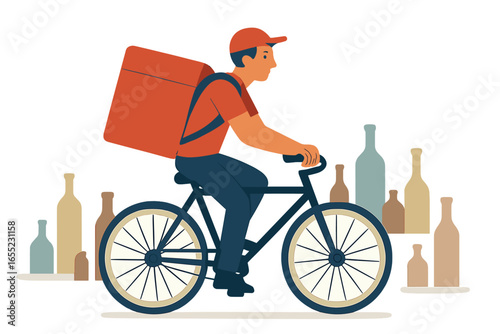 Asian themed street food is being transported by a bicycle delivery person from various street food stalls