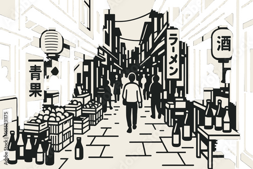 Flat vector illustration of a nighttime Asian street market featuring neon signs and food stalls