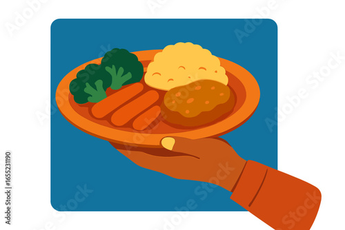 A vector illustration on a blue background depicts a woman sharing mushroom soup with people in a flat design, symbolizing a food donation concept and the time for charity