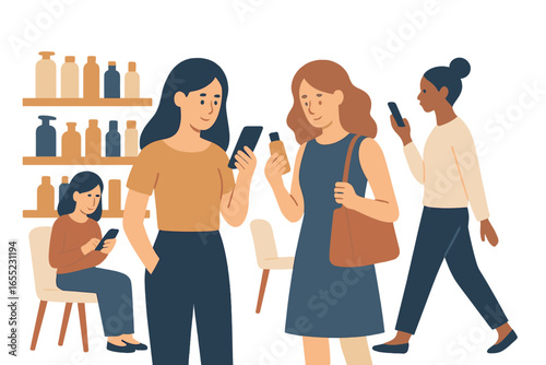 Customers make payments using their mobile devices, while people wearing face masks wait in queues at supermarkets or grocery stores, practicing social distancing by keeping a distance away from