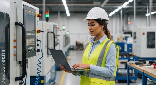 Professional Woman in Yellow Safety Vest Working on Laptop in Industrial Workshop