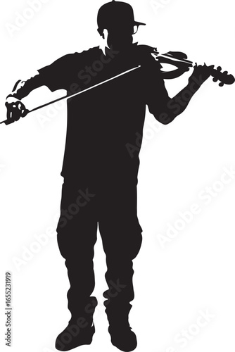 Black silhouette of a person wearing a baseball cap and baggy clothes playing the violin music