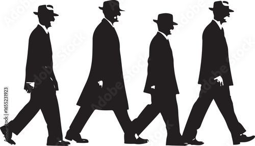 Four black silhouettes of men in suits and hats walking in a line vector