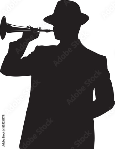 Silhouette of a man in a fedora hat playing a trumpet musical instrument