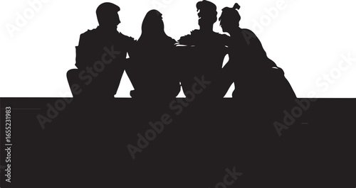 Four people silhouetted sitting on a ledge against a white background group