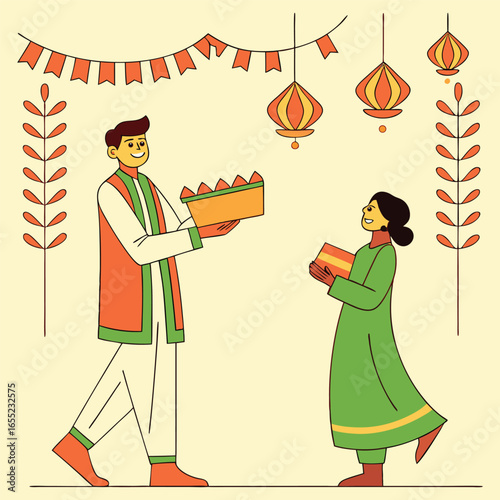 Festive Celebration with Gifts and Decorations in Traditional Indian Style Illustration