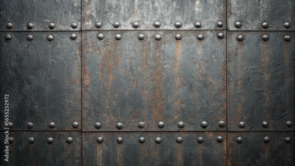 Fototapeta premium Rusty metal door with rivets background texture, ideal for adding a vintage and industrial touch to your creative projects and designs