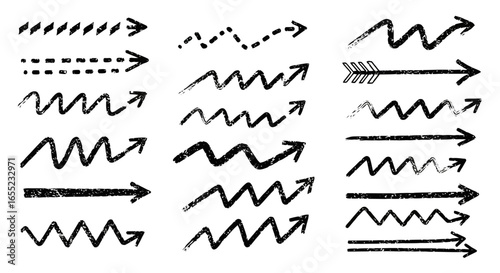Hand-Drawn Arrow Collection with Wavy Lines and Various Styles for Creative Projects and Presentation Enhancements, Suitable for Infographics and Visual Communication