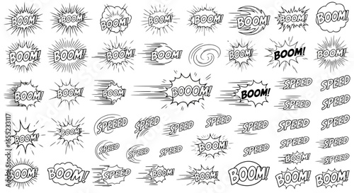 Dynamic Collection of Comic Book Style Explosion Effects and Speed Line Designs for Creative Projects and Graphic Novel Illustrations