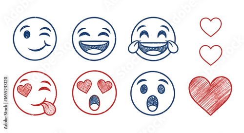 Hand-Drawn Emoji Collection Conveying Diverse Emotions and Affection, Ideal for Social Media, Communication, and Creative Expression Projects