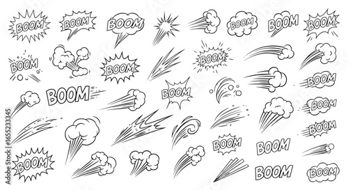 Dynamic Comic Book Action Effects Collection Featuring Explosions and Speed Lines for Creative Storytelling Projects and Graphic Novel Enhancement