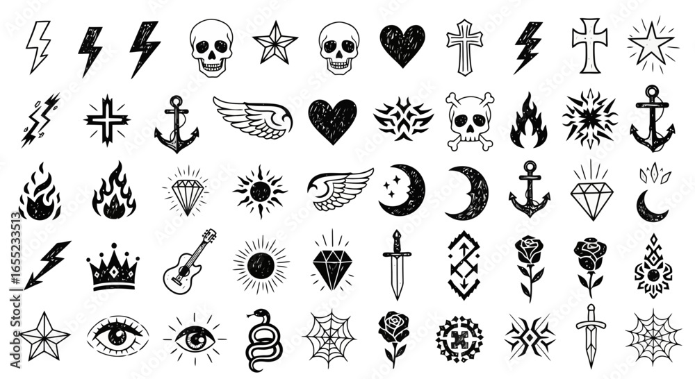 Obraz premium Hand-Drawn Tattoo Flash Sheet Featuring Classic and Contemporary Designs for Tattoo Artists, Designers, and Creative Projects