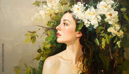 A woman with a crown of blossoms, depicted in a delicate floral portrait, showcases soft light and rich colors.