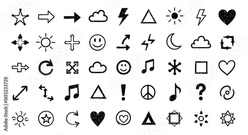 Hand-Drawn Doodle Icon Set for Creative Projects, Digital Design, and Visual Communication, Perfect for Stickers, Social Media, and Educational Resources.