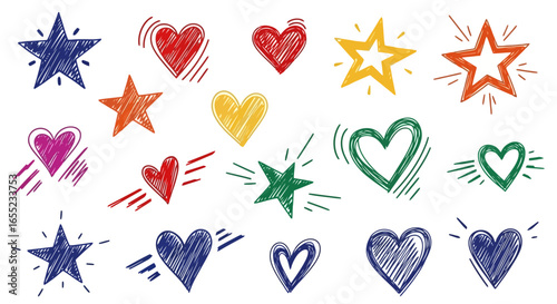 Collection of Hand-Drawn Hearts and Stars for Creative Projects and Designs, Suitable for Valentine's Day, Holidays, Celebrations, and Expressing Love and Appreciation