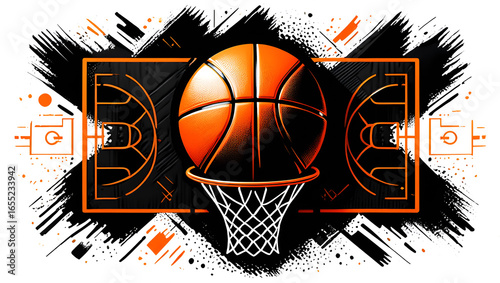 Orange basketball hoop with graphic court elements black