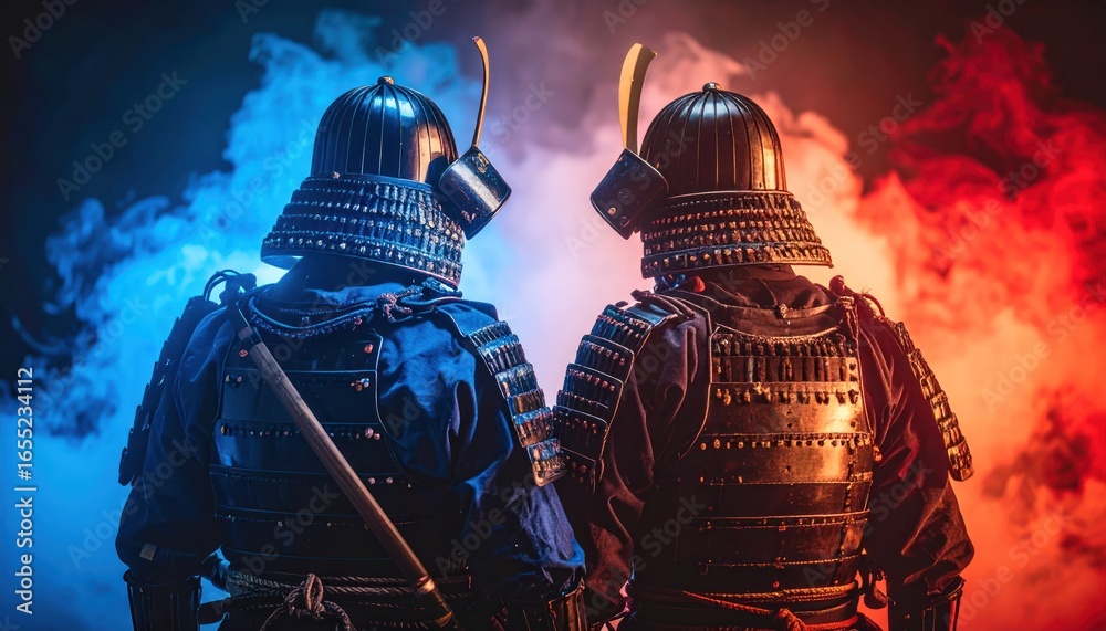 Fototapeta premium Two Samurai in Armor Facing Away with Red Blue Smoke Background.