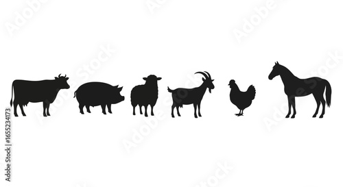 Farm Animals Silhouette Collection for Agricultural Education and Livestock Industry Visuals, Enhancing Design Projects and Promoting Rural Themes in Creative Content.