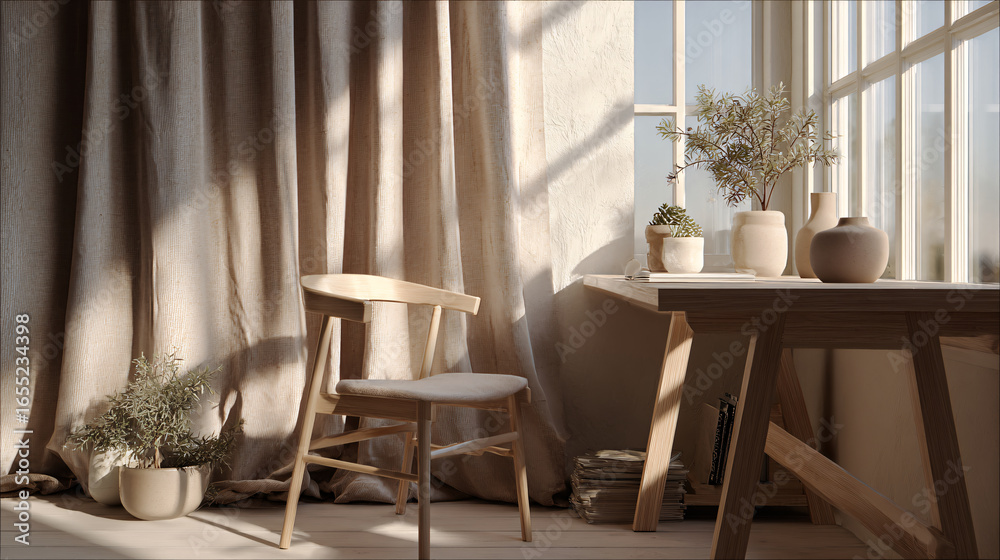 Fototapeta premium Cozy Scandinavian office corner with linen curtains, light wood furniture, matte ceramic decor, small potted plants, clean minimalist look