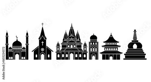 Diverse Religious Buildings Silhouette Collection Representing Global Faiths and Architectural Styles, Suitable for Educational Materials and Cultural Projects