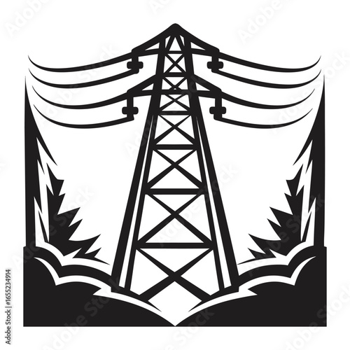 Monochrome illustration of an electricity pylon with power lines and stylized trees on either side isolated | Ai generated