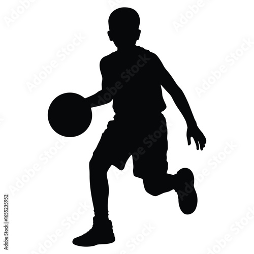Young basketball player dribbling silhouette