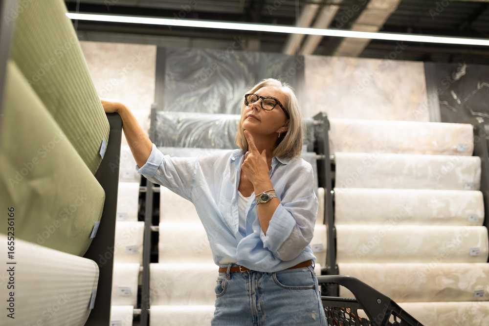 Fototapeta premium Woman shopping for home decor materials in a modern store, contemplating her choices on a weekend afternoon