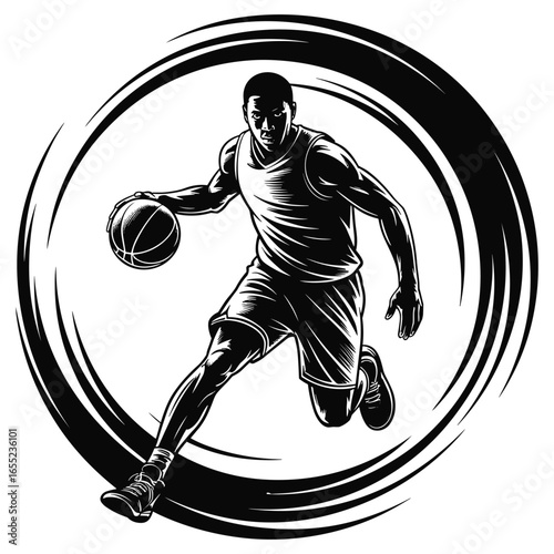 Basketball player dribbling inside a swirling circle silhouette