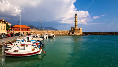 Colorful fishing boats moored in a harbor with a lighthouse.