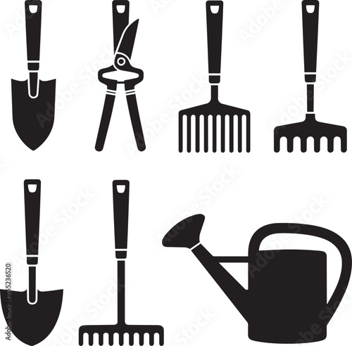 Gardening tools silhouettes including shovels rakes shears and watering can vector