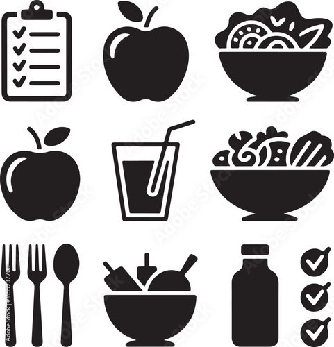 Healthy Lifestyle Minimal Icon Set – Perfect for Nutrition Guides, Diet Apps, Smoothie Shops, and Meal Plans  High Ranking Vector Graphics for Adobe Stock Success