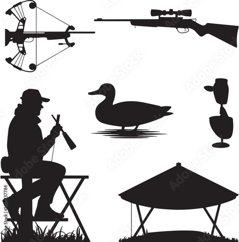 Hunting equipment silhouettes bow rifle duck hunter blind vector