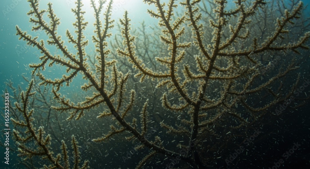 Obraz premium Underwater coral branches in natural sunlight with marine life particles