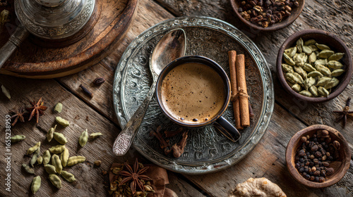 Aromatic Yemeni Coffee served in a traditional cup, surrounded by spices on a rustic wooden table, creating a warm and inviting atmosphere for coffee lovers