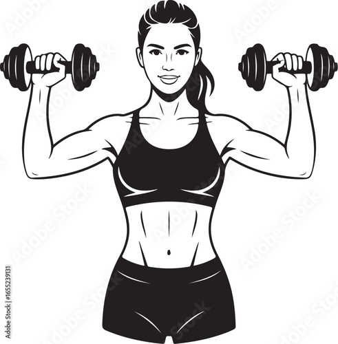 Minimalist Female Dumbbell Workout Pose  Fit Woman Strength Line Art