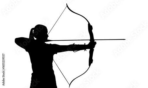A black and white silhouette of a woman who takes aim before firing, pulling the bowstring. White isolated background. Vector graphics. EPS.
