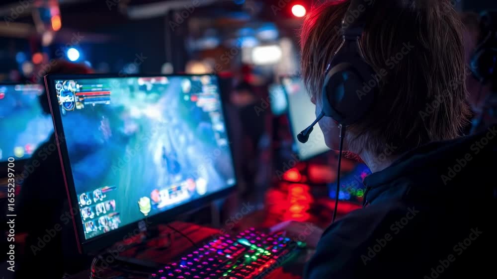 Professional gamer wearing a headset, immersed in an online video game on a personal computer, competing in an esports tournament at an internet cafe filled with vibrant lights