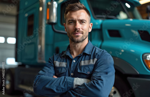 Confident male mechanic in work clothes stands with arms crossed in front of teal semi-truck in repair shop. Short brown hair, beard, with slight smile. Modern tools, equipment surround, suggesting
