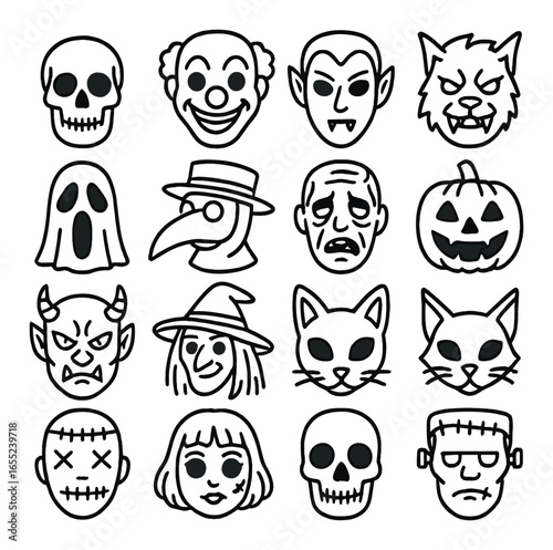 Silhouette halloween icon set featuring skull, clown, vampire, werewolf, ghost, plague doctor, mummy, pumpkin