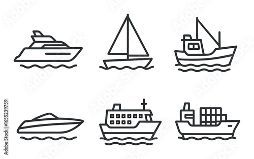 Silhouette boat icon set featuring yacht, sailboat, fishing boat, speedboat, ferry, and cargo ship
