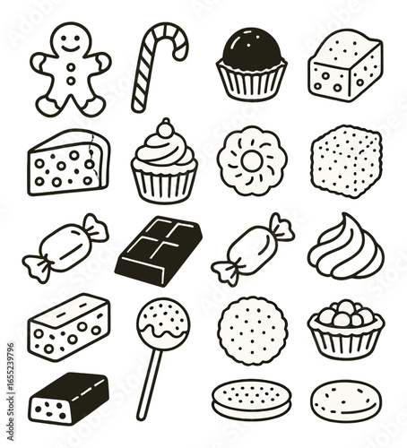 Silhouette dessert icon set featuring gingerbread, candy cane, cupcake, chocolate, and cookies