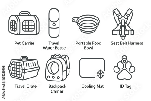 Silhouette pet travel icon set featuring carrier, water bottle, food bowl, seat belt, crate, backpack, and cooling mat
