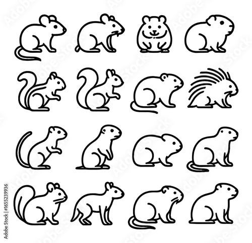 Silhouette rodent icon set featuring mouse, squirrel, hamster, porcupine, and prairie dog